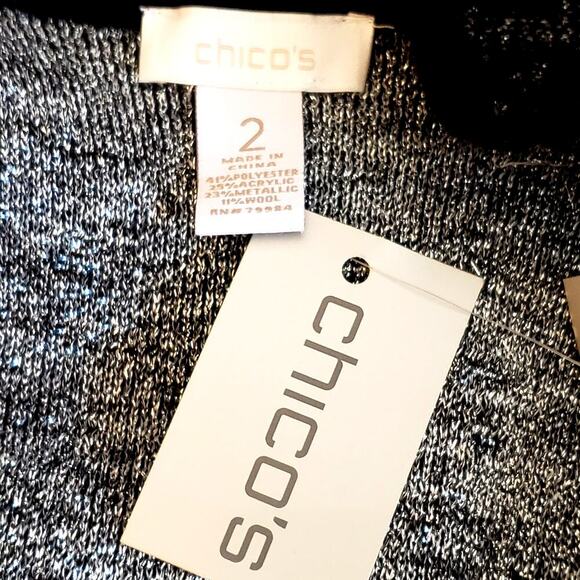 Chicos Black Silver Metallic Brocade Wool Blend Open Front Midi Cardigan SZ 2(L) - Picture 8 of 9